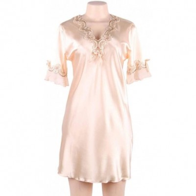 Baby Dolls & Chemises Women Lingerie V Neck Satin Chemise Short Sleeve Nightgown Sleepwear - Gold - CX195AKRK50