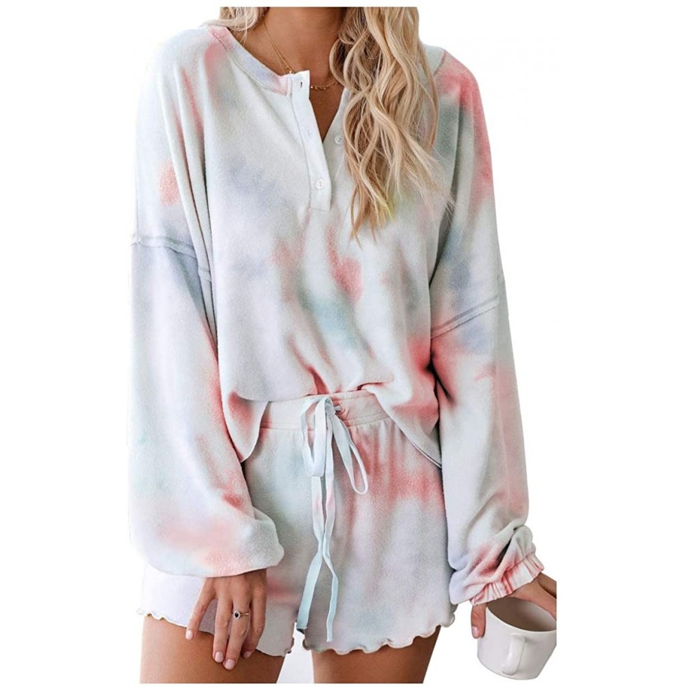 Sets Womens Tie Dye Printed Pajamas Set Long Sleeve Tops and Shorts Sleepwear Set Ruffle Short Lounge Set Loungewear D - CD19...