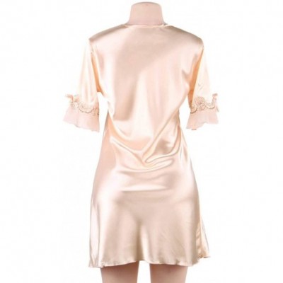 Baby Dolls & Chemises Women Lingerie V Neck Satin Chemise Short Sleeve Nightgown Sleepwear - Gold - CX195AKRK50