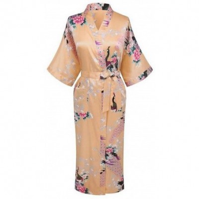 Robes V Neck Nightwear Casual Wedding Party Robe Print Women Kimono Gown Sleepwear Satin Long Bathrobe Home Pajamas Gold - CZ...