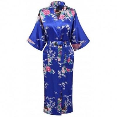 Robes V Neck Nightwear Casual Wedding Party Robe Print Women Kimono Gown Sleepwear Satin Long Bathrobe Home Pajamas Gold - CZ...