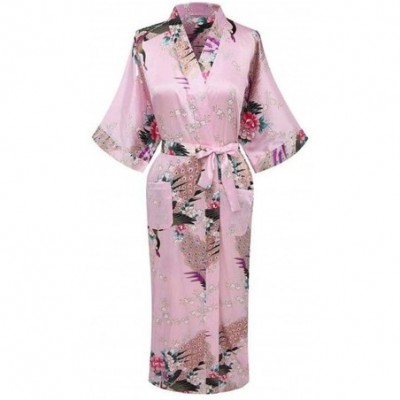 Robes V Neck Nightwear Casual Wedding Party Robe Print Women Kimono Gown Sleepwear Satin Long Bathrobe Home Pajamas Gold - CZ...