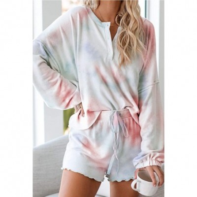 Sets Womens Tie Dye Printed Pajamas Set Long Sleeve Tops and Shorts Sleepwear Set Ruffle Short Lounge Set Loungewear D - CD19...