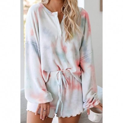 Sets Womens Tie Dye Printed Pajamas Set Long Sleeve Tops and Shorts Sleepwear Set Ruffle Short Lounge Set Loungewear D - CD19...