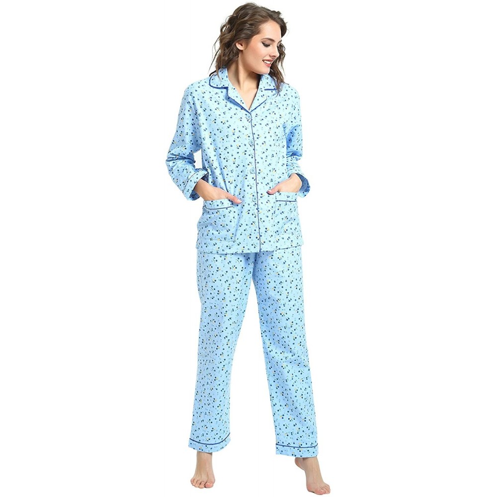 Sets Comfy Pajamas for Women 2-Piece Warm and Cozy Flannel Pj Set of Loungewear Button Front Top Pants - Sky Blue - CJ1889IOGDH