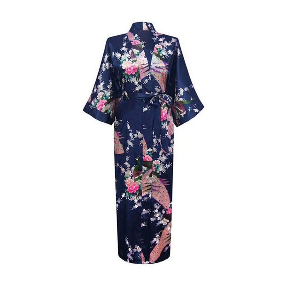 Robes Women's Bathrobe- Women Silk Kimono Robes Long Sexy Nightgown Vintage Printed Night Gown Flower Plus Size-Blue-OneSize ...