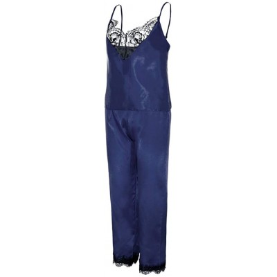 Slips New Women Stain Lace Lingerie Nightdress Pajamas Camisole Trousers Sleepwear Set - Blue - CN18U6DLO55