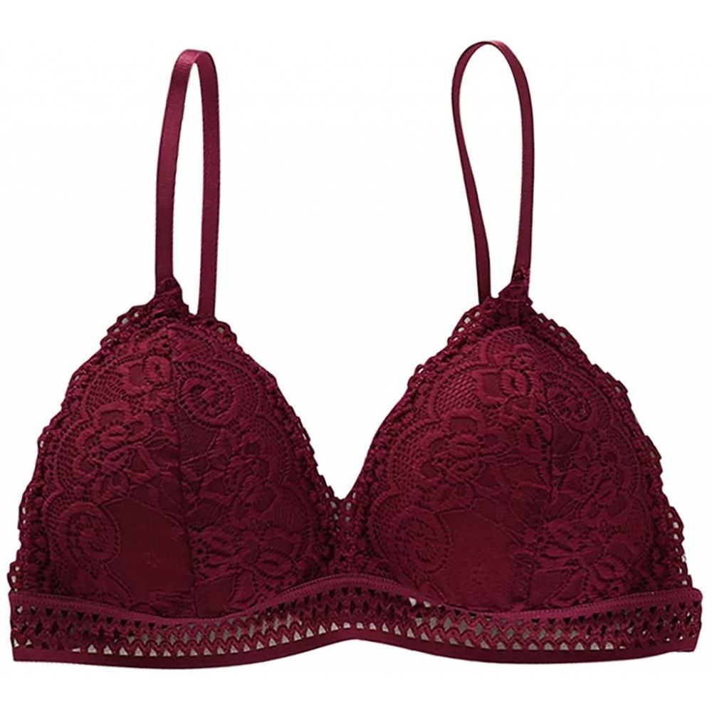 Bras Women Comfortable Cup Ring-Free Ventilation Bra Sexy Deep V Lace Thin Underwear Underwire Bra - Wine - CE1953OLYNQ