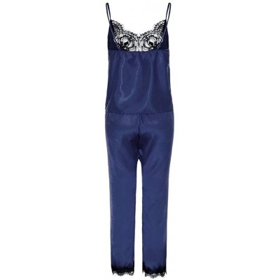 Slips New Women Stain Lace Lingerie Nightdress Pajamas Camisole Trousers Sleepwear Set - Blue - CN18U6DLO55