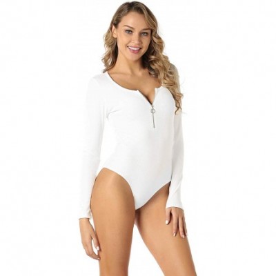 Shapewear Ribbed Knit Zipper Scoop Neck Stretchy Long Sleeve Women Bodysuit - White - CY18RRKNWH0