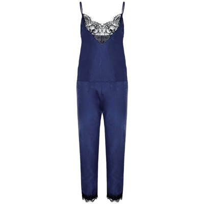 Slips New Women Stain Lace Lingerie Nightdress Pajamas Camisole Trousers Sleepwear Set - Blue - CN18U6DLO55