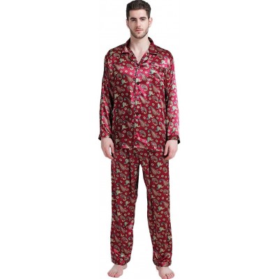 Sleep Sets Mens Silk Satin Pajamas Set Sleepwear Loungewear S~4XL Plus - Wine Red - C312M5RMBC7