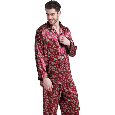 Sleep Sets Mens Silk Satin Pajamas Set Sleepwear Loungewear S~4XL Plus - Wine Red - C312M5RMBC7