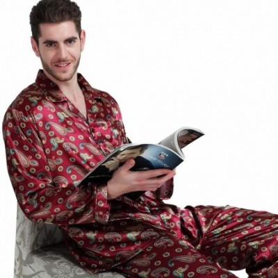 Sleep Sets Mens Silk Satin Pajamas Set Sleepwear Loungewear S~4XL Plus - Wine Red - C312M5RMBC7