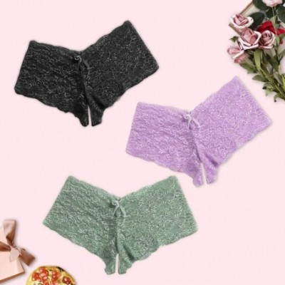 Slips 3PC Sexy Women Lace Lingerie Plus Size Underwear Open Crotch Bowknot Underwear - Green - CZ199LGY8A3