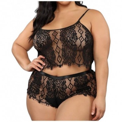 Robes Sexy Lingerie for Women Plus Size Cami Top with Shorts Panty Set Strappy Babydoll Bodysuit - Black - CF190HNARRC