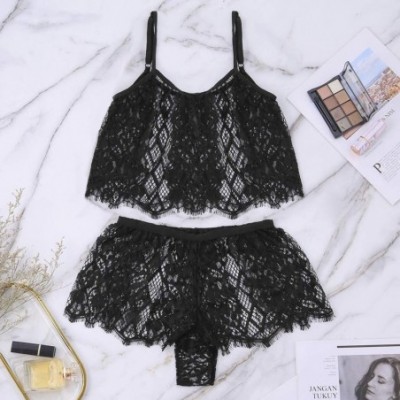 Robes Sexy Lingerie for Women Plus Size Cami Top with Shorts Panty Set Strappy Babydoll Bodysuit - Black - CF190HNARRC