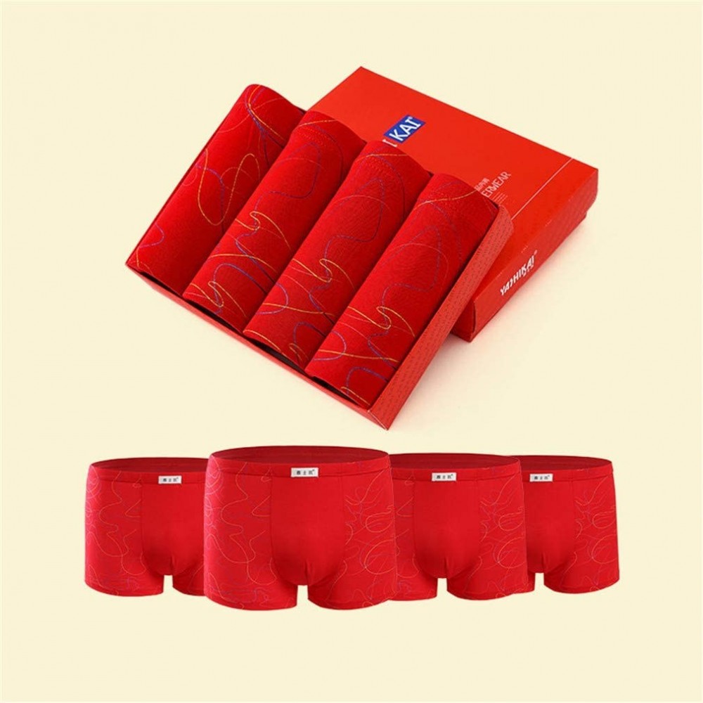 Boxers 4Pcs Mens Boxers Shorts Casual Modal Ice Silk Breathable Printed Underwear Soft Fashion Youth - Red gift box 2 - C618W...