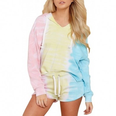 Sets Womens Tie Dye Colorblock Sweatsuit Sets Long Sleeve Hoodie Hot Pants 2 Piece Loungewear Nightwear Sleepwear Yellow - CG...