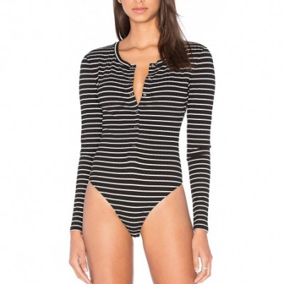 Shapewear Women's Long Sleeve Partial Front Button Bodysuit - Stripe - C3189IDR9MH