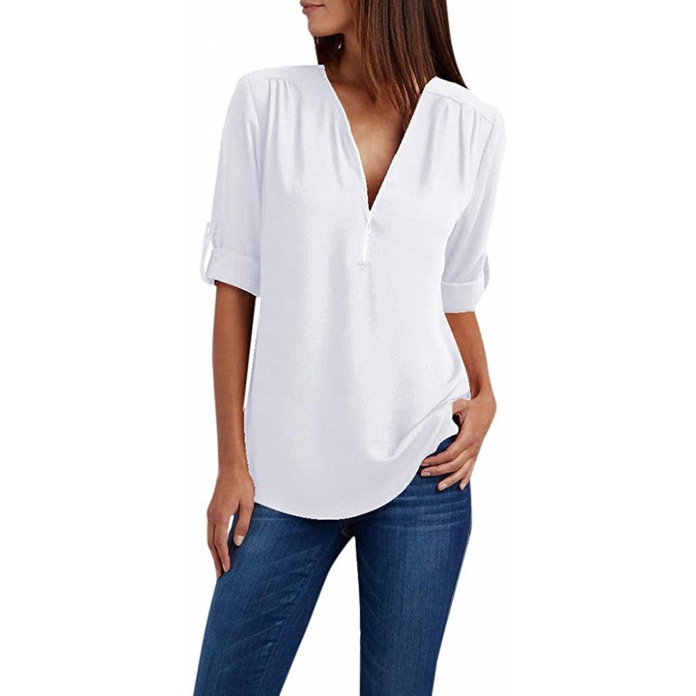 Robes Women's Blouse Sexy Long Sleeves V Neck Tops Fashion Zipper Loose Chiffon Shirts - White - CD18X5R3DGR