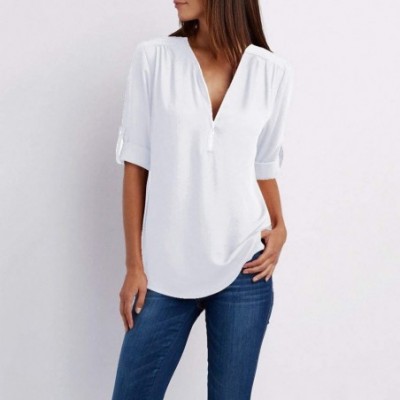 Robes Women's Blouse Sexy Long Sleeves V Neck Tops Fashion Zipper Loose Chiffon Shirts - White - CD18X5R3DGR