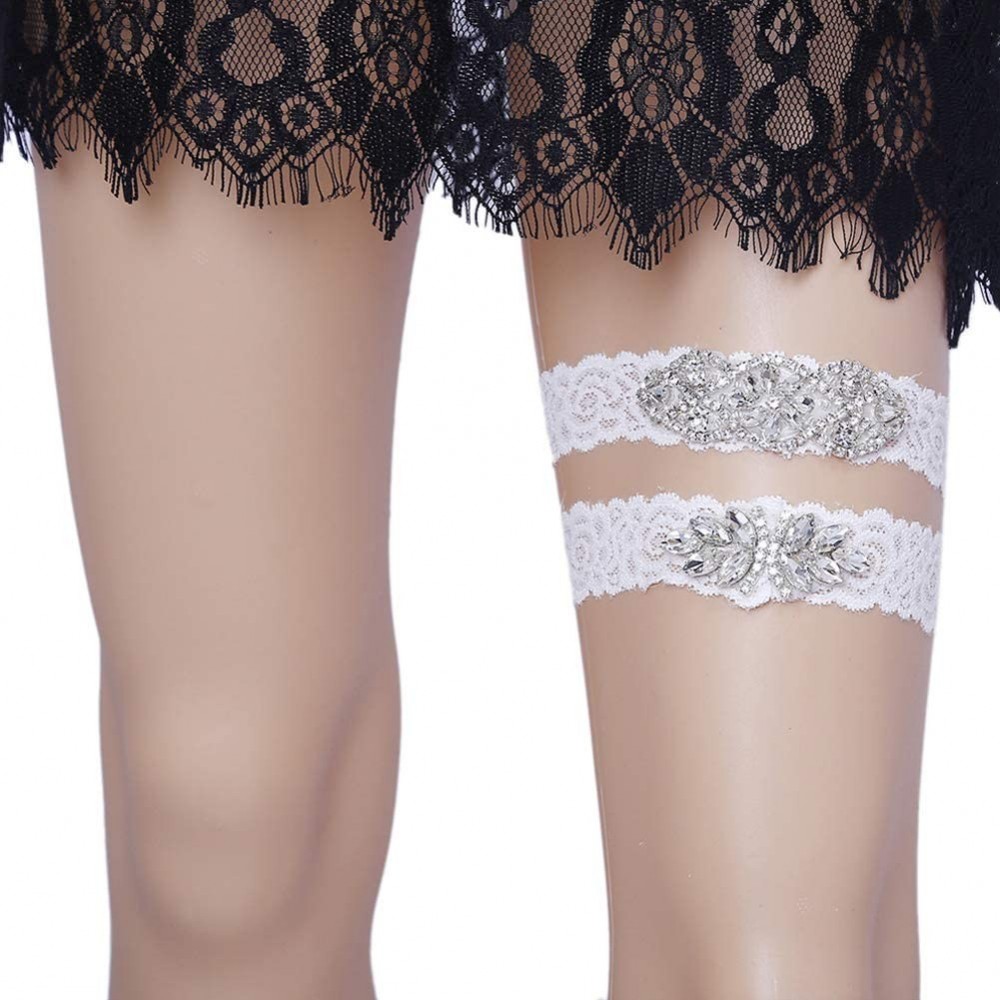 Garters & Garter Belts Sexy Rhinestone Lace Wedding Garters for Bride 2 Pcs Party Garter Set - B-off White - C418YCNIH0T