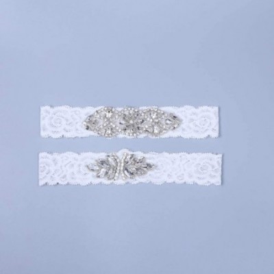 Garters & Garter Belts Sexy Rhinestone Lace Wedding Garters for Bride 2 Pcs Party Garter Set - B-off White - C418YCNIH0T