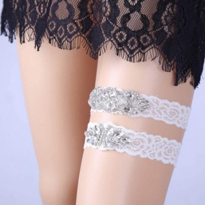 Garters & Garter Belts Sexy Rhinestone Lace Wedding Garters for Bride 2 Pcs Party Garter Set - B-off White - C418YCNIH0T