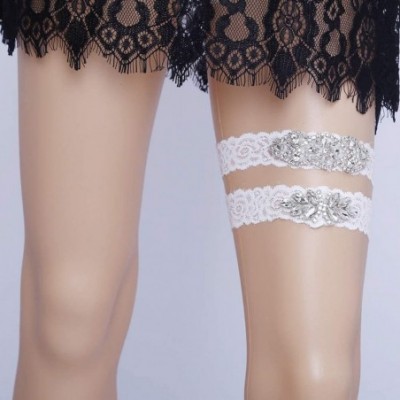 Garters & Garter Belts Sexy Rhinestone Lace Wedding Garters for Bride 2 Pcs Party Garter Set - B-off White - C418YCNIH0T