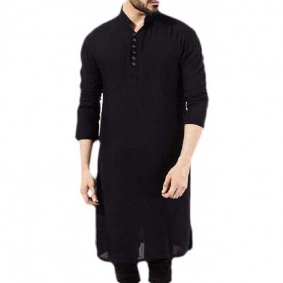 Robes Muslim Arab Thobe Kaftan Robes Solid Loose Long Sleeve Long Shirt - Black - CZ1902MNAXQ