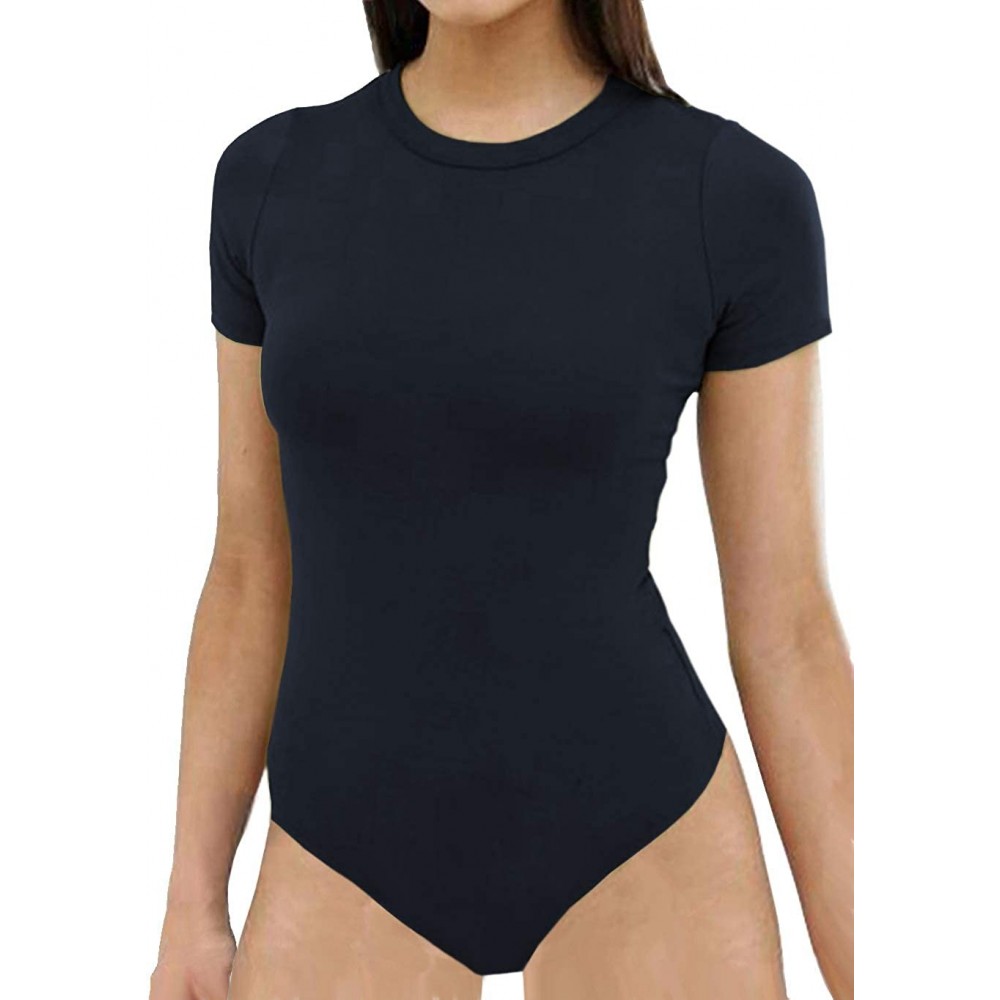 Shapewear Women's Sexy Short Sleeve Crew Neck Bodysuit Jumpsuits - Black - C518QRCDT97