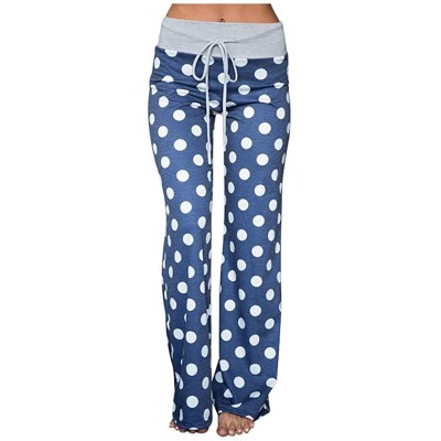 Bottoms Womens Long Pajama Pants Stretch Leopard Print Drawstring Wide Leg Palazzo Lounge Pants - M Blue - CK194MS2N9D