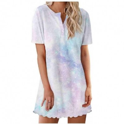 Nightgowns & Sleepshirts Women Floral Short Sleeves Casual Loose Lips Mini Dress Nightgown - As5 - C61900XTA85