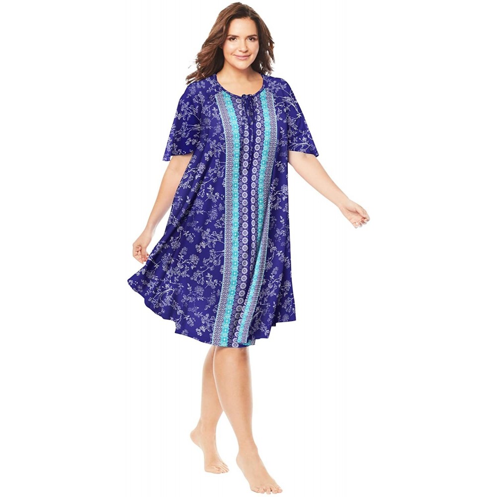 Nightgowns & Sleepshirts Women's Plus Size Short Sweeping Printed Lounger Nightgown - Blue Sapphire Floral (0544) - CB19G5NINZ7