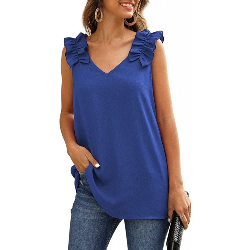 Thermal Underwear Womens Summer Tunic Tanks Top V Neck Sleeveless Pleated Wrinkled Shoulder Casual Vest - Blue - CE197832N5X