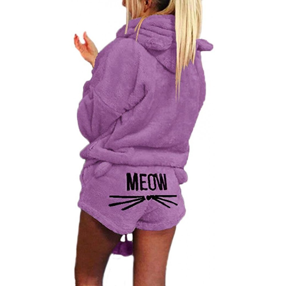 Sets Women's Cute Plush Sleepwear Fleece Cat Embroidered Pajamas Hoodie Meow Shorts Set - Purple - CJ18MCQ2KD2