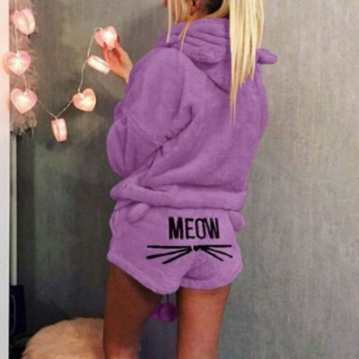 Sets Women's Cute Plush Sleepwear Fleece Cat Embroidered Pajamas Hoodie Meow Shorts Set - Purple - CJ18MCQ2KD2