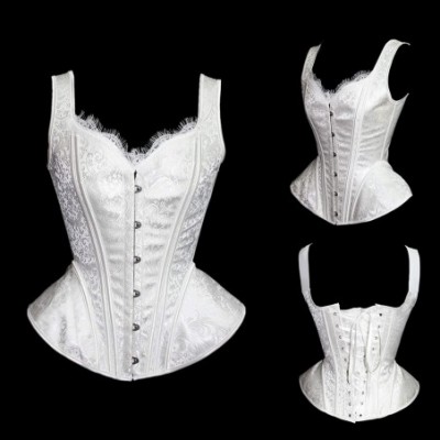 Bustiers & Corsets Women Gothic Vintage Steampunk Boned Lace Overbust Satin Shoulder Strap Corset Bustier Top - White - CF18K...