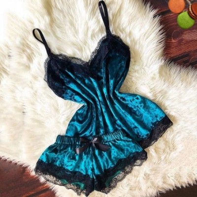 Sets Women's Sexy Lingerie Camisole Bow Shorts V-Neck Tops Velvet Pajamas Sleepwear - Light Blue - CE198RCKT5Y