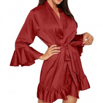 Robes Women Short Satin Robe Sleepwear Ruffle Sleeve Silky Kimono Bathrobe Home Loungewear - Red - CE193Q2286Z