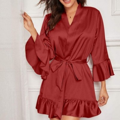 Robes Women Short Satin Robe Sleepwear Ruffle Sleeve Silky Kimono Bathrobe Home Loungewear - Red - CE193Q2286Z