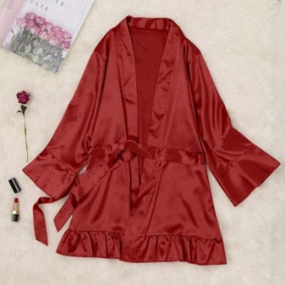 Robes Women Short Satin Robe Sleepwear Ruffle Sleeve Silky Kimono Bathrobe Home Loungewear - Red - CE193Q2286Z