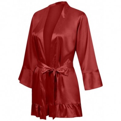 Robes Women Short Satin Robe Sleepwear Ruffle Sleeve Silky Kimono Bathrobe Home Loungewear - Red - CE193Q2286Z