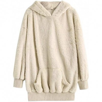 Tops Womens Pure Color Plush Sweater Pocket Hooded Cap Top Blouse Sweatshirt - Beige - CQ18WZAIDDW