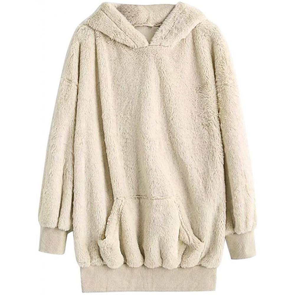 Tops Womens Pure Color Plush Sweater Pocket Hooded Cap Top Blouse Sweatshirt - Beige - CQ18WZAIDDW