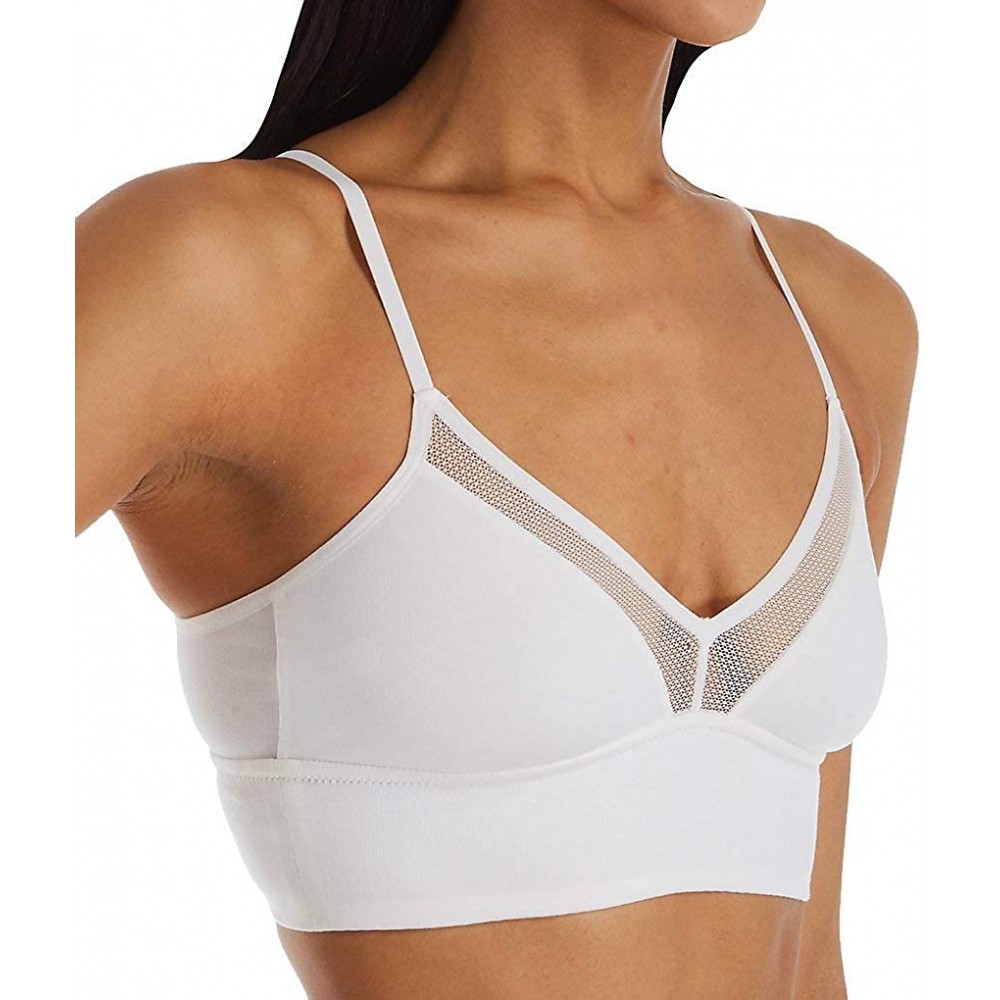 Bras Women's Cabana Cotton Longline Bralette V-Neck with Mesh Cut Out - White - CO18U0H2QOX