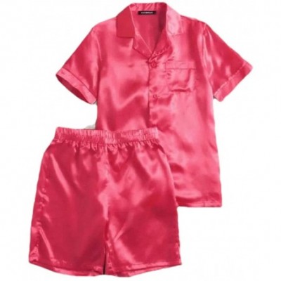 Sleep Sets Men's Satin Two Piece Pajamas Set Short Sleeve Button-Down Shirt Shorts Nightwear Loungewears - Red - C7190ZQAS4A