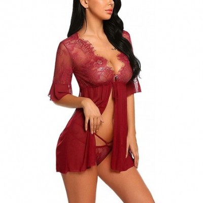 Baby Dolls & Chemises New Women Lingeries Open Front Babydoll Lace Chemise Sleepwear Sheer Mesh Robe Printed Lingeries - Wine...