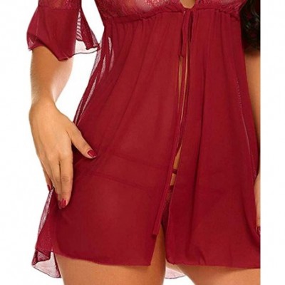 Baby Dolls & Chemises New Women Lingeries Open Front Babydoll Lace Chemise Sleepwear Sheer Mesh Robe Printed Lingeries - Wine...